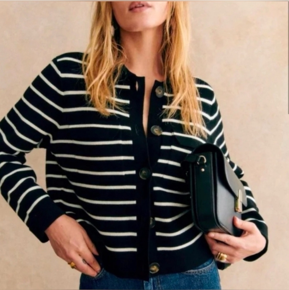 Sezane black white stripe 100% Merino Wool Betty button-front collared cardigan